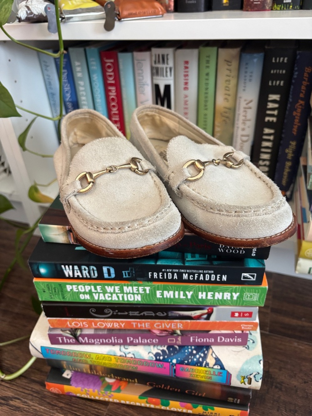 Janie and Jack Cream Suede Loafers with Gold Bit